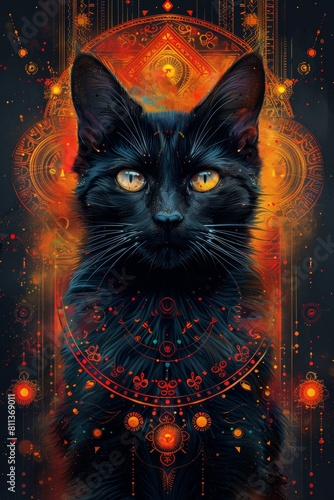 A black cat with orange eyes and a colorful background, AI