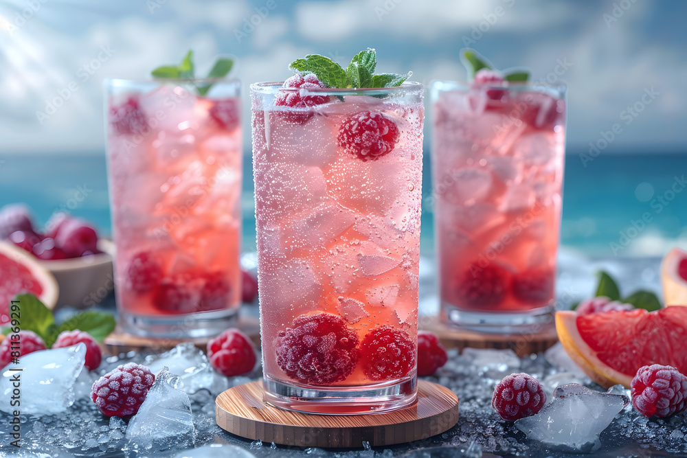 Fresh summer drinks cocktails with berries, fruits, ice and frost on glasses. Vacation open beach bar concept. Fresh summer drinks cocktails with berries, fruits, ice and frost on glasses. Vacation open beach bar concept.