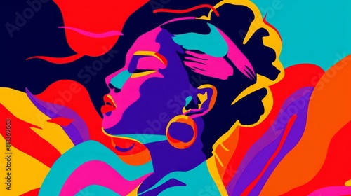 An illustration of a woman in vivid and motley colors. The concept of individuality