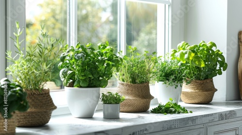 interior herb garden, herbs on windowsill bring a natural touch to the modern white kitchen, enhancing its beauty with a hint of greenery © Aliaksandra