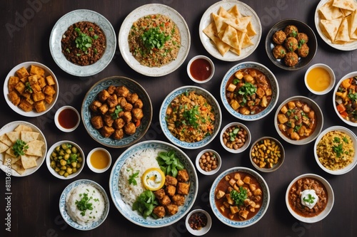 Arabic Cuisine: Middle Eastern traditional lunch. It's also Ramadan Iftar. The meal eaten by Muslims after sunset during Ramadan. Assorted of Arabic oriental dishes. top view with close up.