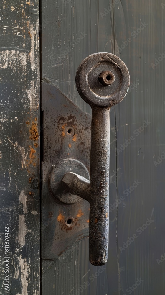 A Weathered Crank Handle Echoing Years of Use Amidst a Sleek Modern Backdrop A Weathered Crank Handle Echoing Years of Use Amidst a Sleek Modern Backdrop