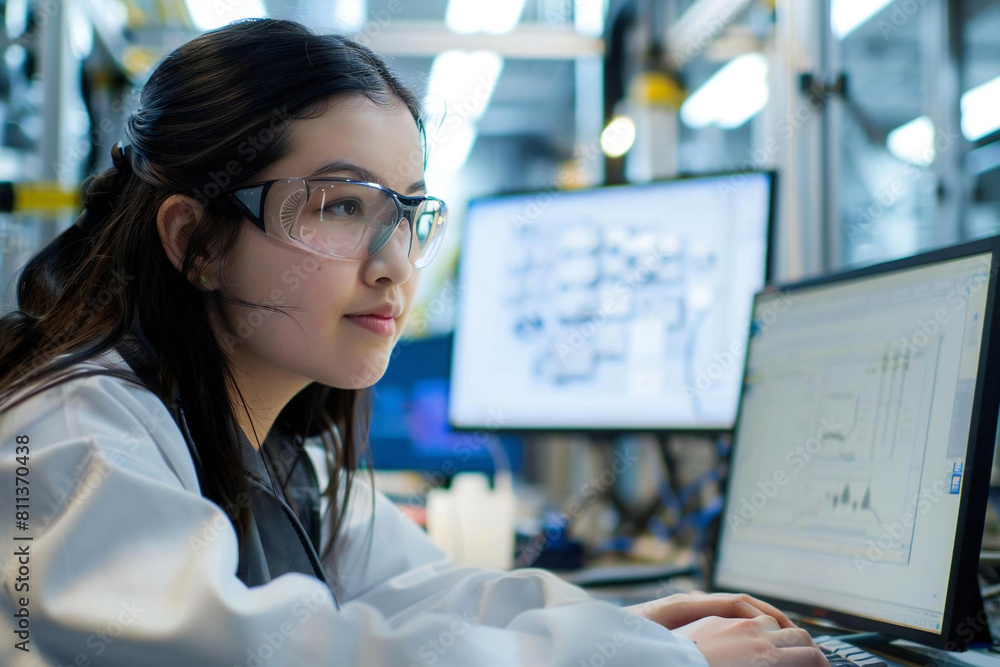 Portrait of Female Engineer Working with CAD Software in Technological Manufacturing Plant Portrait of Female Engineer Working with CAD Software in Technological Manufacturing Plant