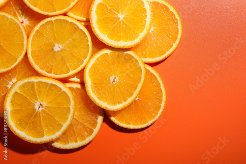 Slices of juicy orange on terracotta background  top view. Space for text