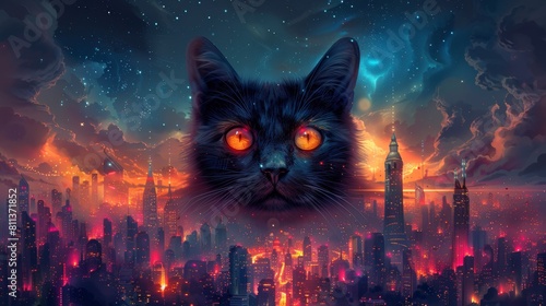 A black cat with glowing eyes in a cityscape  AI