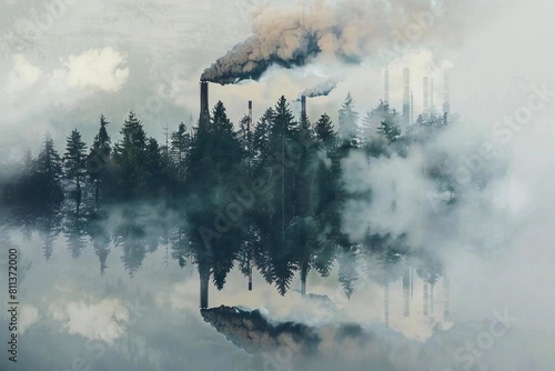 Double Exposure: Factory Smoke Polluting Forest - Environmental Impact Concept