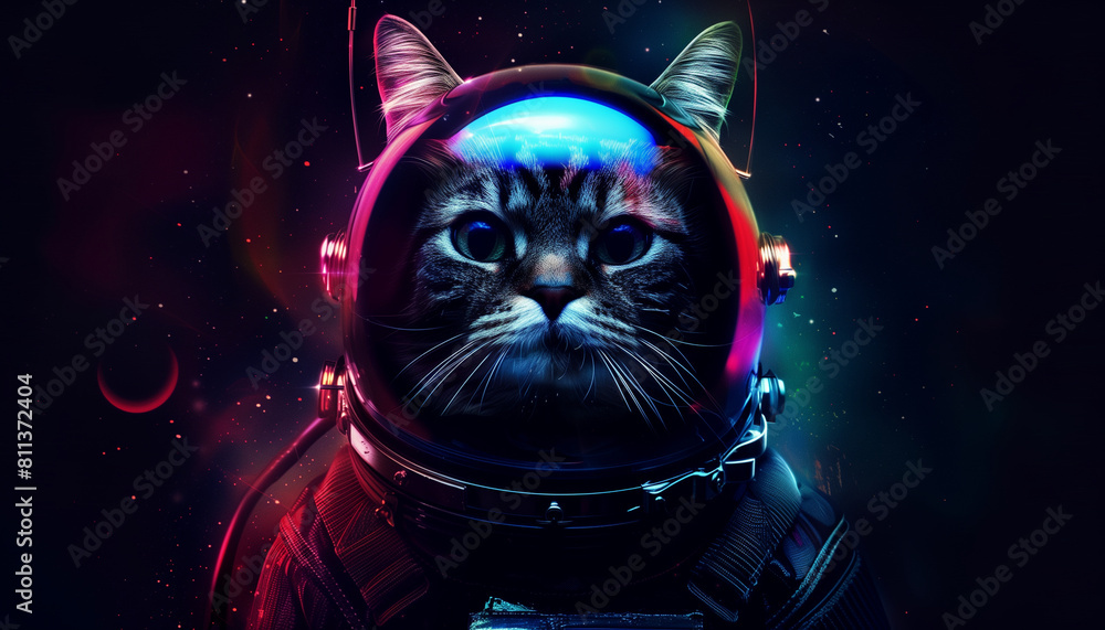 Adorable Astronaut Cat in Stylish Black Space Suit with Helmet Lights, Flying through the Galaxy in Search of Adventure. Adorable Astronaut Cat in Stylish Black Space Suit with Helmet Lights, Flying through the Galaxy in Search of Adventure.