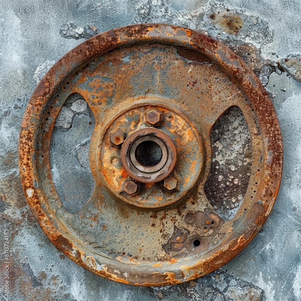 Rustic Charm: A Wheel Hub's Journey Through Time Against a Contemporary Surface Rustic Charm: A Wheel Hub's Journey Through Time Against a Contemporary Surface