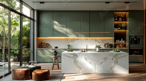 a modern minimalist kitchen with fresh green cabinets, marble countertops, and a white interior creates a sophisticated design aesthetic photo
