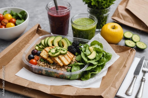 Healthy meal slimming diet plan daily ready menu background, organic fresh dishes and smoothie, fork knife on paper eco bag as food delivery courier service at home in office concept, close up view.