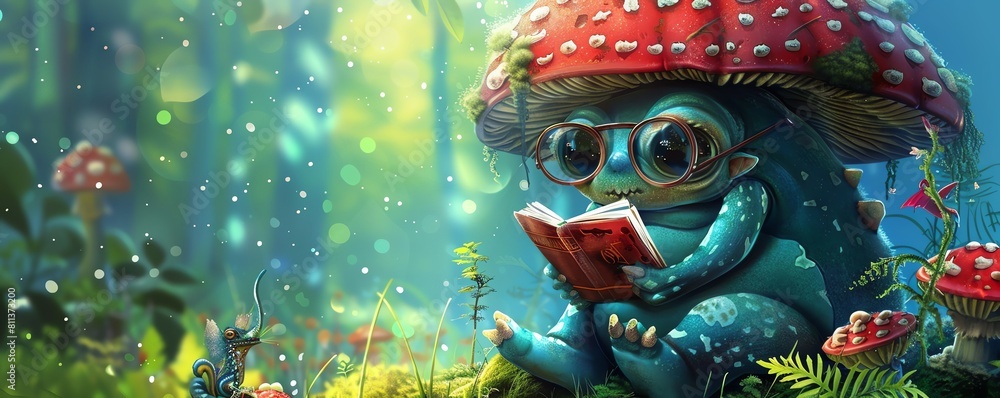 A cute creature sits in a lush forest reading a book A cute creature sits in a lush forest reading a book