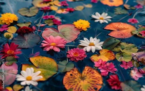 A vibrant tapestry of assorted flowers and leaves floating on water.
