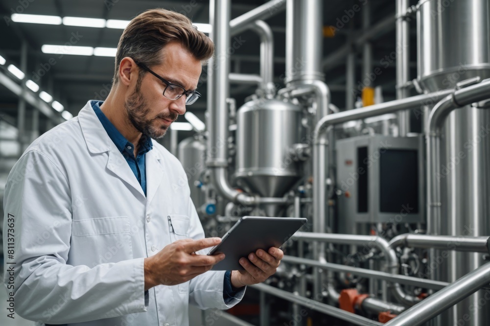 Concept food industry banner. Factory worker inspecting production line tanker in of dairy factory with computer tablet. Concept food industry banner. Factory worker inspecting production line tanker in of dairy factory with computer tablet.