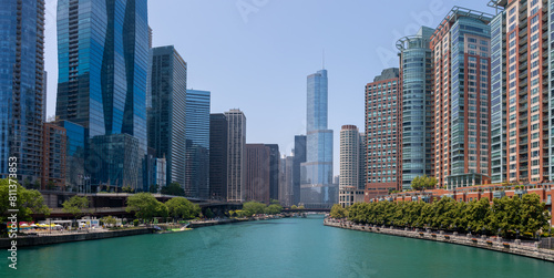 Panoramic view of High rise buildings in Downtown Chicago Chicago river. photo