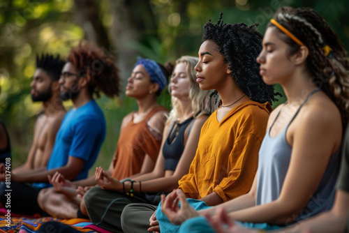 Harmony through Diversity: Multiethnic Group of Yogis Meditating Together in Nature