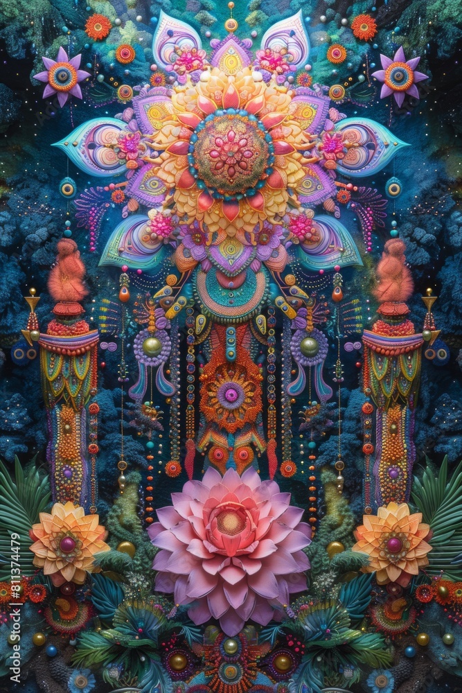 A painting of a colorful flower with many other flowers, AI