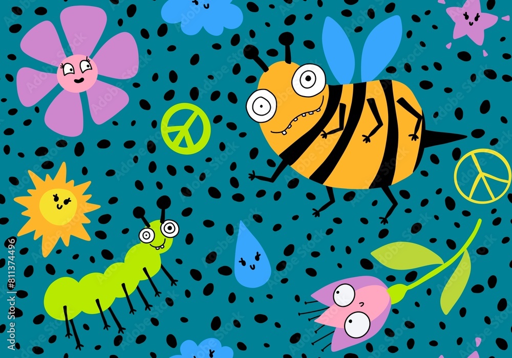 Cartoon summer print seamless bee and flower and sun and clouds and peace sign Cartoon summer print seamless bee and flower and sun and clouds and peace sign