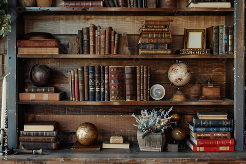 Vintage Library Collection on Rustic Wooden Bookshelf