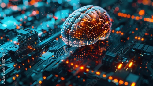 Double exposure of creative human brain microcircuit with computer on background. Future technology and AI concept. Generative AI