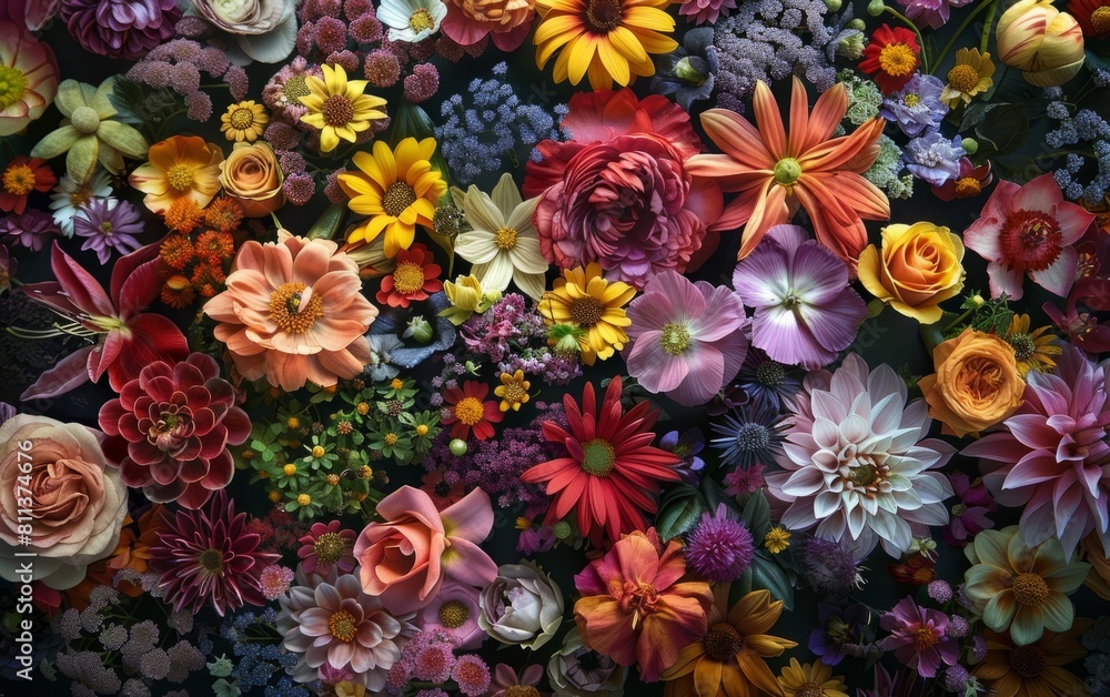 An assorted floral mosaic on a dark backdrop, featuring vibrant colors and varied textures.