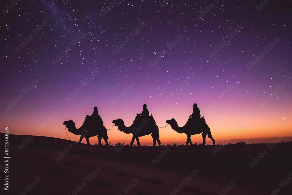 Three Wise Men on Camel Journey: Following the Starlight to Give Gifts Three Wise Men on Camel Journey: Following the Starlight to Give Gifts