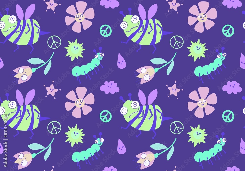 Cartoon summer print seamless bee and flower and sun and clouds and peace sign Cartoon summer print seamless bee and flower and sun and clouds and peace sign