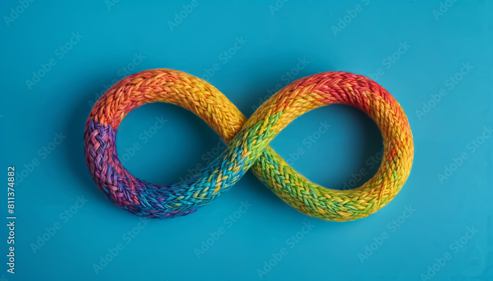 Naklejka premium Autism awareness day concept - rainbow infinity symbolizing neurodiversity on blue background