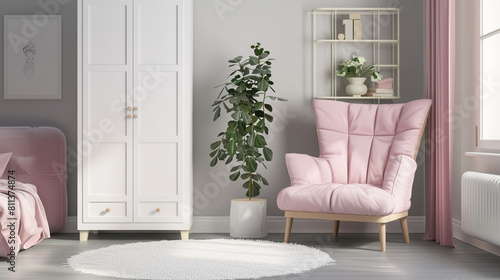 Scandi style girl's bedroom with a plant standing on a white cupboard next to a pink, chic chair, and a white circular carpet