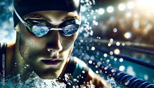 Nageur avec équipement de natation  lunettes et bonnet de bain en course photo