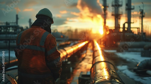Oil and gas technology. Gasoline worker working on Gas pipline, Workers Inspecting Equipment and Technology. technician, engineer, worker, touching a pipeline.