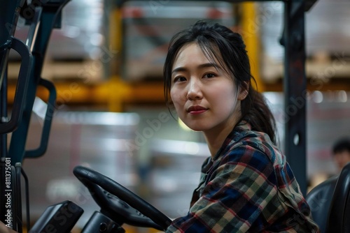 Confident Female Worker Operating Forklift in Busy Warehouse
