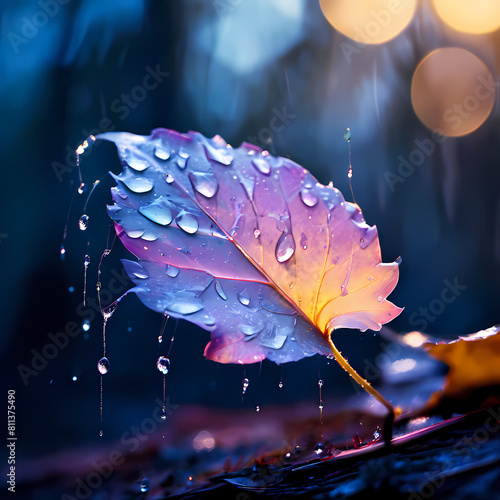 surrealistic  Raindrops on a bicolor leaf and lit by cyan orangish-yellow and slight morning light. 