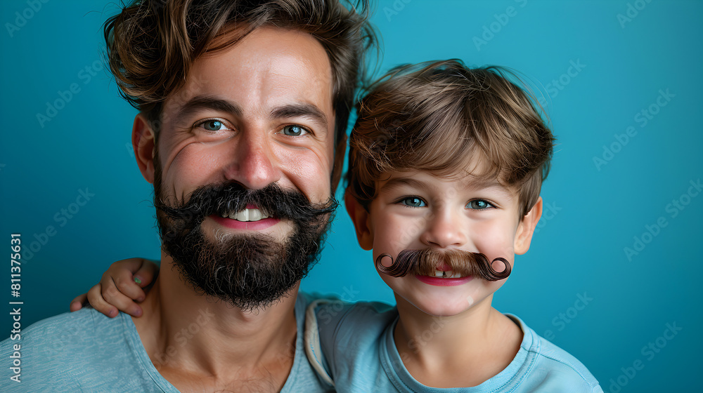 Father and son with mustaches for Movember campaign against blue background Father and son with mustaches for Movember campaign against blue background