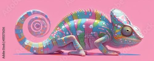 Chameleon with colorful patterns on its skin, isolated against pink background. The chameleons body is covered in vibrant colors and textures, creating an eyecatching effect. © Photo And Art Panda