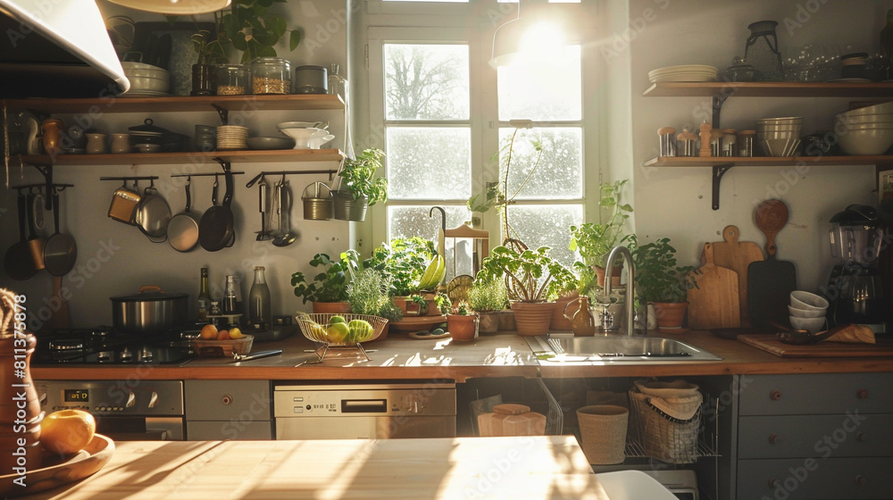 Stylish and sunny kitchen interior with accessories, wooden table and plants. Design space.