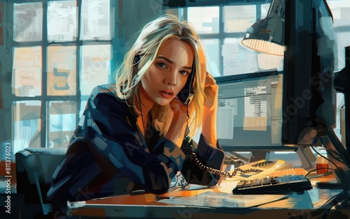Blonde woman speaking on phone while working at a computer in an office.