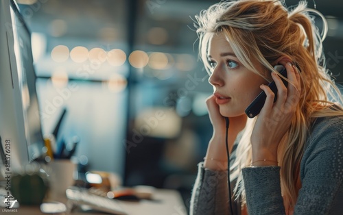 Blonde woman speaking on phone while working at a computer in an office.