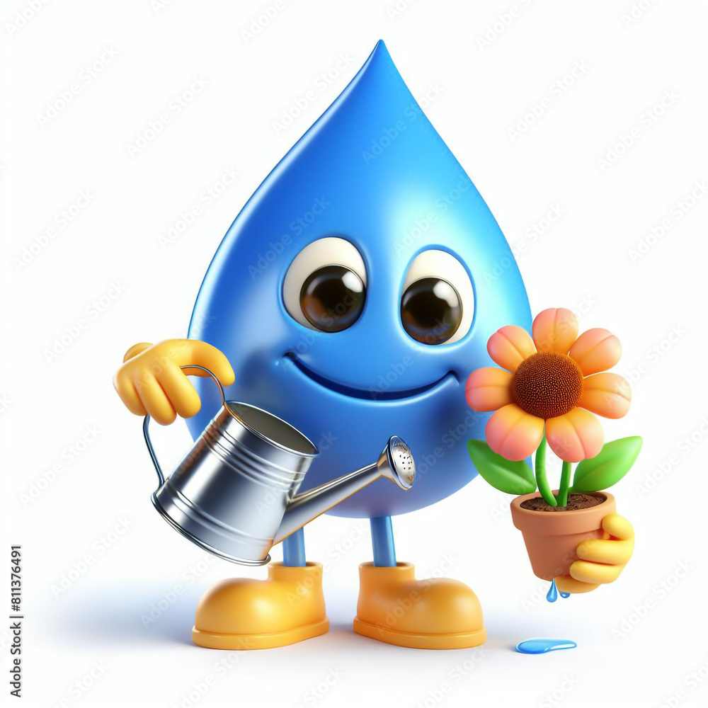 Water drop cartoon watering flowers. Draws attention to climate change ...