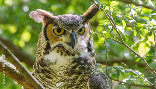 the great horned owl bubo virginianus also known as the tiger owl is native bird to the americas photo