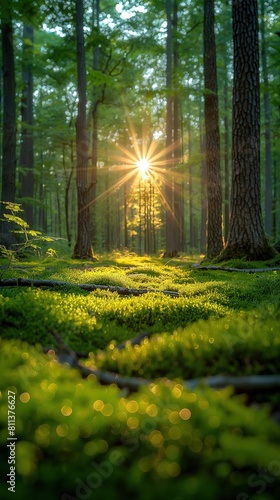Fototapeta Naklejka Na Ścianę i Meble -  quiet nature landscape narrow nature trail in green forest with sunlit, vertical 9:16 ratio background, beautiful nature , Generative Ai