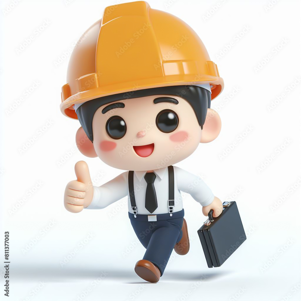 3D funny worker cartoon with work helmet on white background 3D funny worker cartoon with work helmet on white background