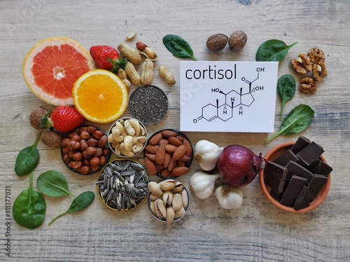 Foods to naturally lower cortisol levels, reduce stress and anxiety. Healthy foods to lower cortisol. Foods to decrease cortisol and stress levels. Chemical formula of cortisol hormone.