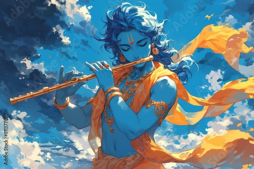 Cute lord krishna playing flute in blue and orange colour, blue background with dark clouds, lord holding the musical instrument  photo