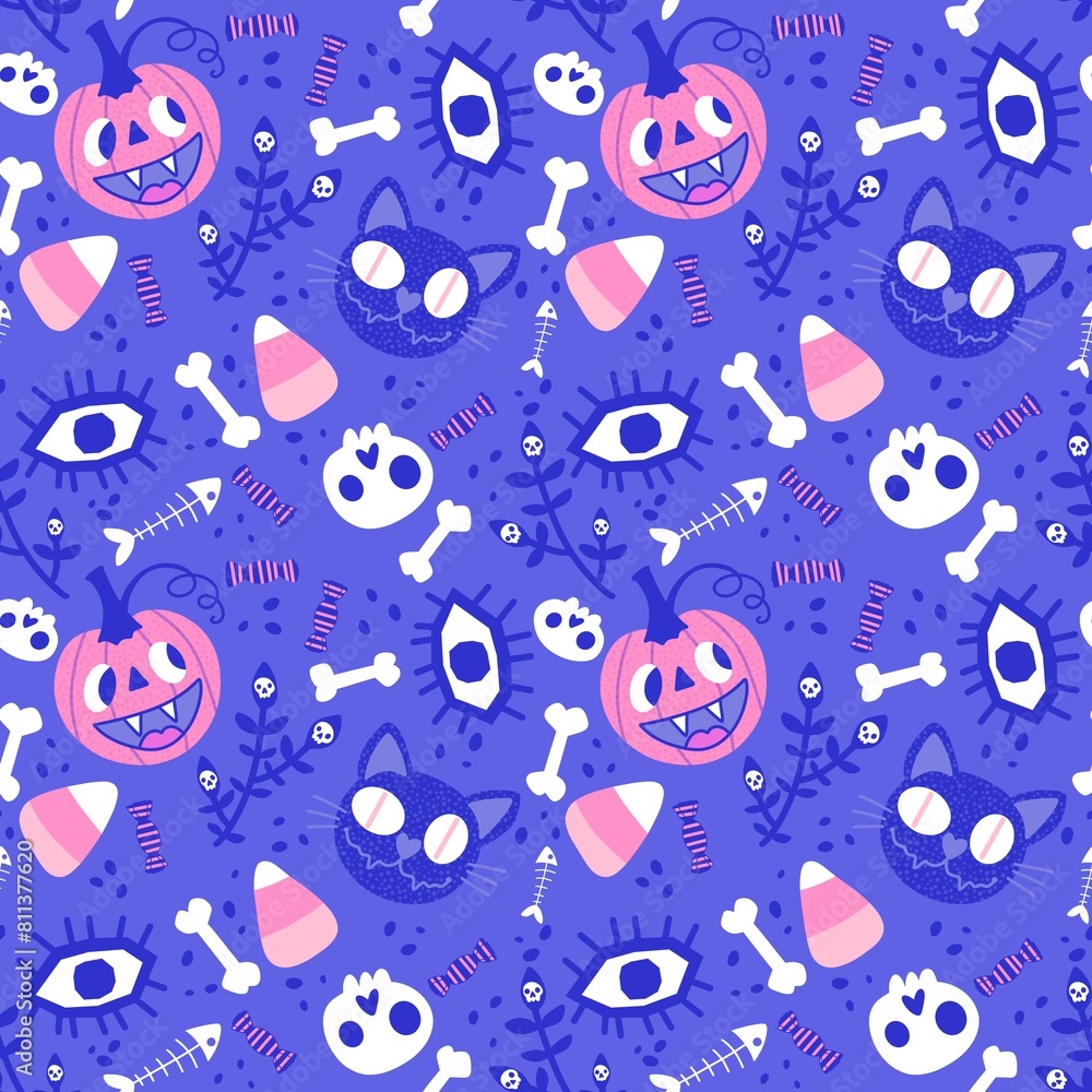 Autumn cartoon Halloween monsters seamless pumpkins and cats and eyes and bones Autumn cartoon Halloween monsters seamless pumpkins and cats and eyes and bones