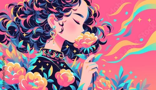 Illustration of a beautiful woman with colorful hair holding roses against a pink background