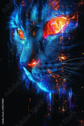 A close up of a cat with glowing eyes and bright lights  AI