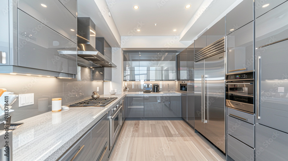 Beautiful Grey Modern Kitchen in a Luxury Apartment with Stainless Steel Appliances Beautiful Grey Modern Kitchen in a Luxury Apartment with Stainless Steel Appliances