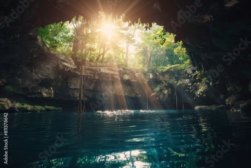 Cenote with clear blue water. Mexico, Mexican cave. Summer adventure and nature concept. Beautiful landscape. Natural underground pool