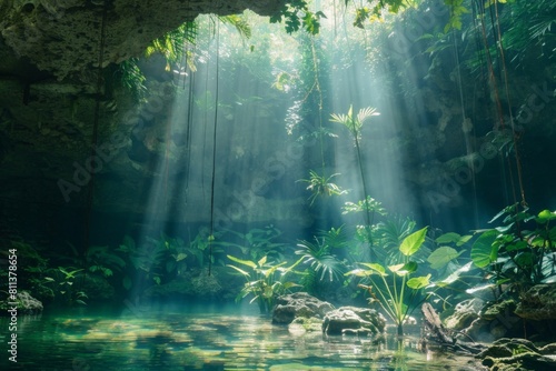 Sunlight entering a cenote. Mexico  Mexican cave. Summer adventure and nature concept. Beautiful landscape. Natural underground pool