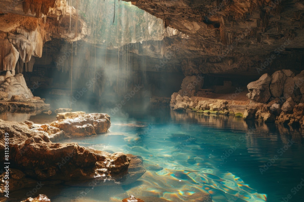 Cave with water with stalactites and rock formations. Mexico, Mexican cave. Summer adventure and nature concept. Beautiful landscape Cave with water with stalactites and rock formations. Mexico, Mexican cave. Summer adventure and nature concept. Beautiful landscape